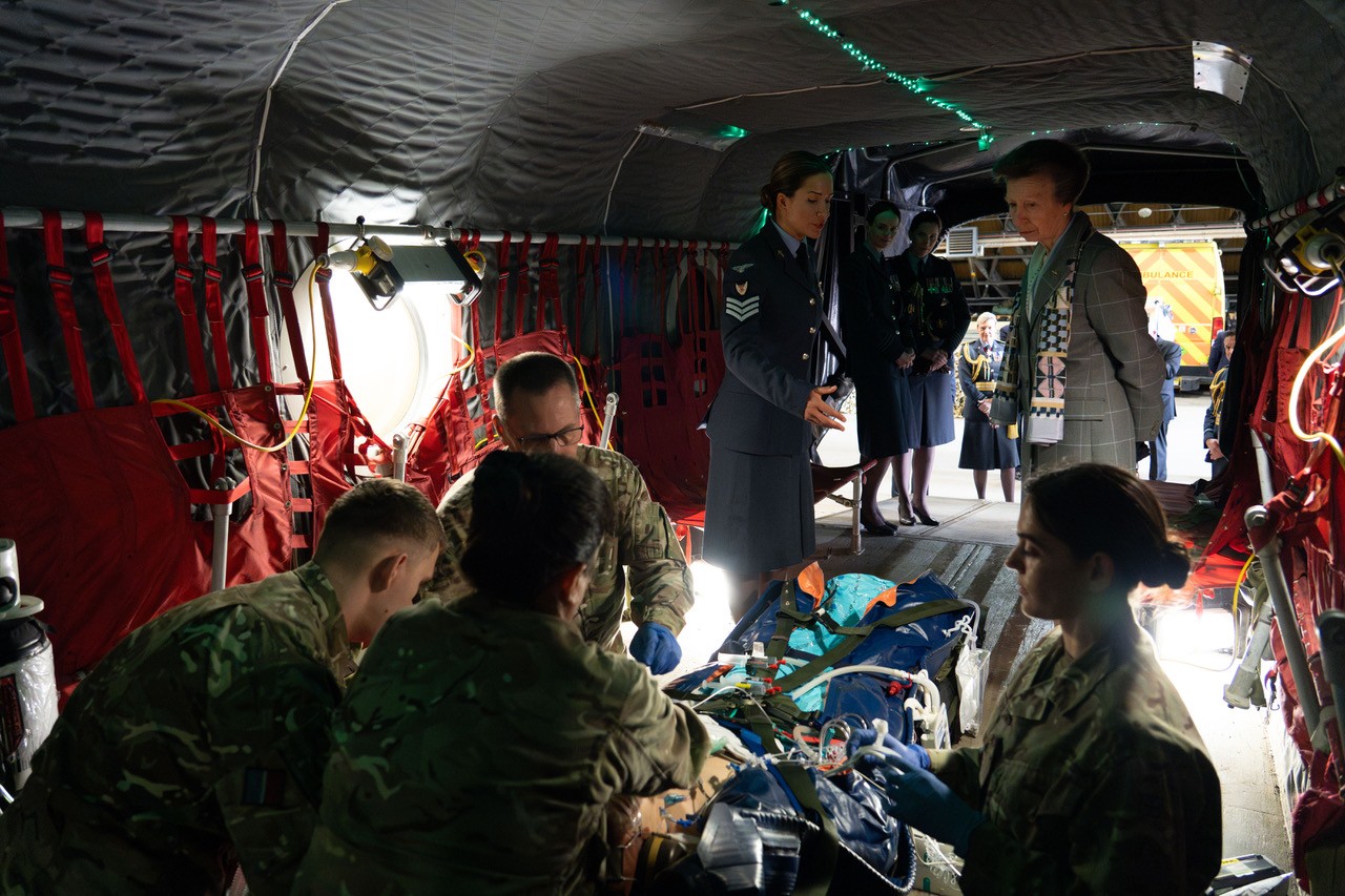 Her Royal Highness The Princess Royal receives information regarding equipment Tactical Medical Wing uses and patient care given.